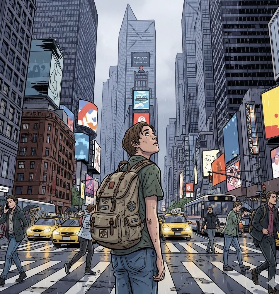 Ilustração: jornalista em Nova York