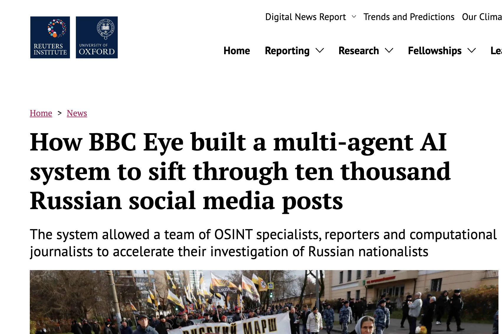 Print real do relatório sobre o sistema multiagente da BBC Eye filtrando milhares de posts russos