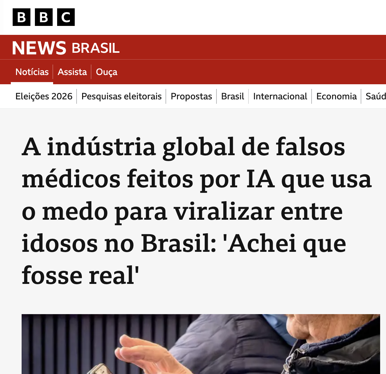 Print real de matéria da BBC News Brasil sobre médicos falsos feitos por IA