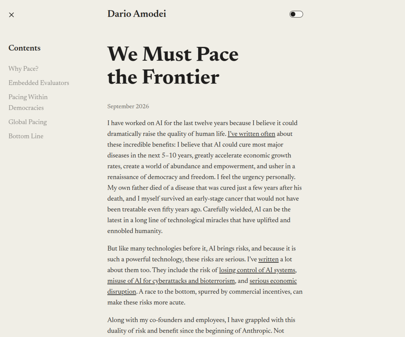 Print real do texto We Must Pace the Frontier, de Dario Amodei