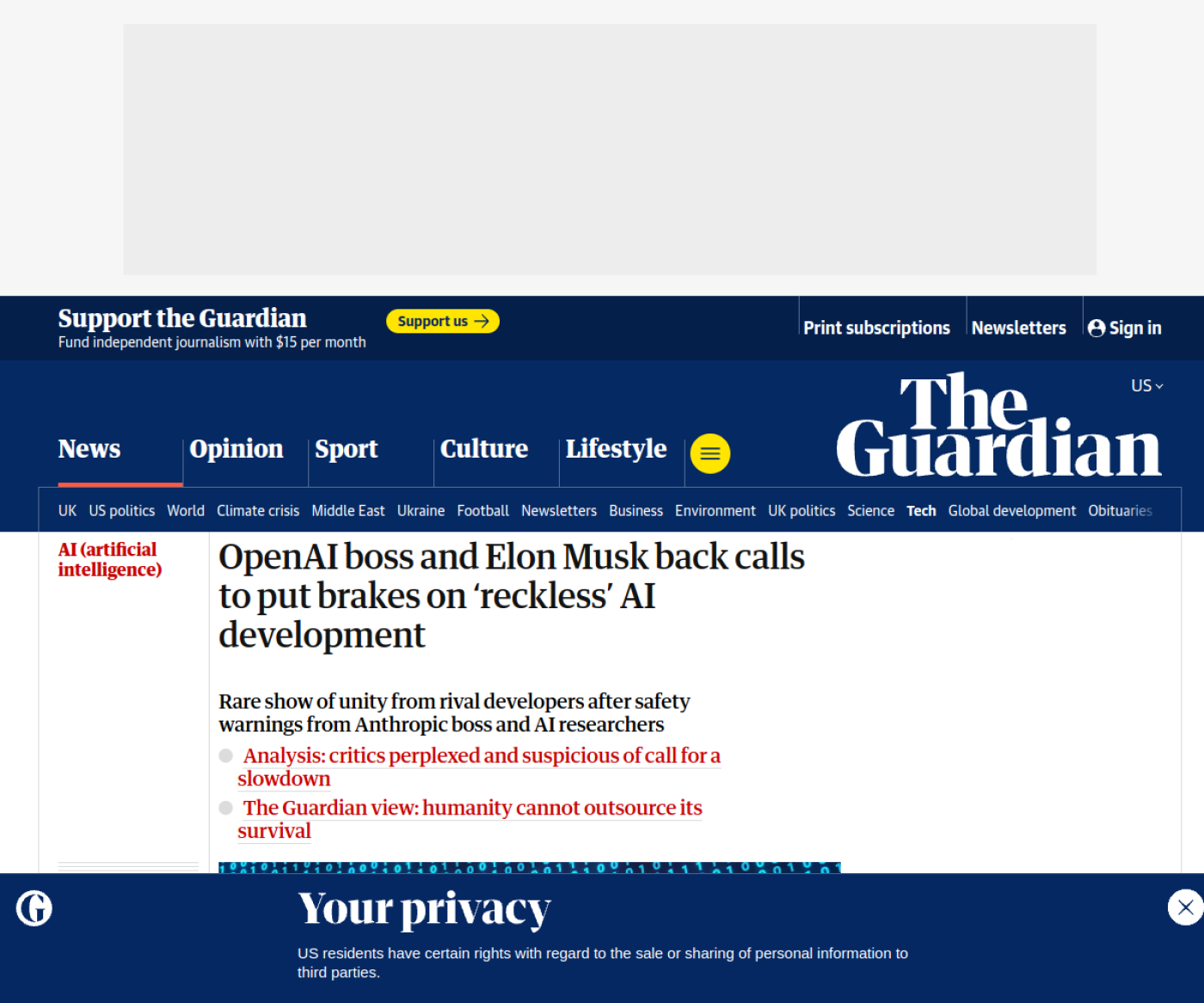 Print real da reportagem do Guardian sobre o apoio de Sam Altman e Elon Musk à proposta de desacelerar a corrida da IA