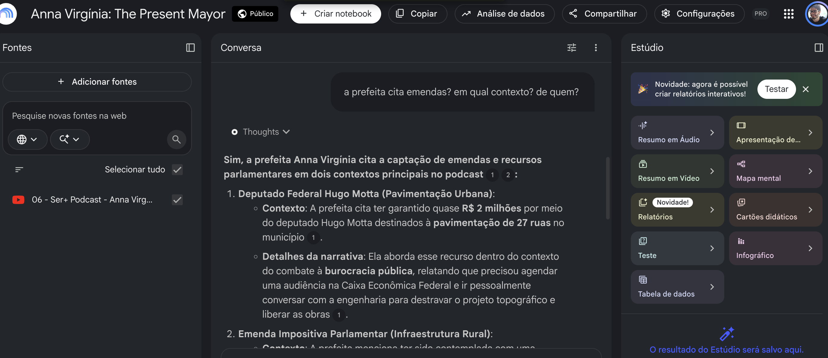 Print real do NotebookLM com a pergunta sobre emendas, resposta com citações e painel Estúdio