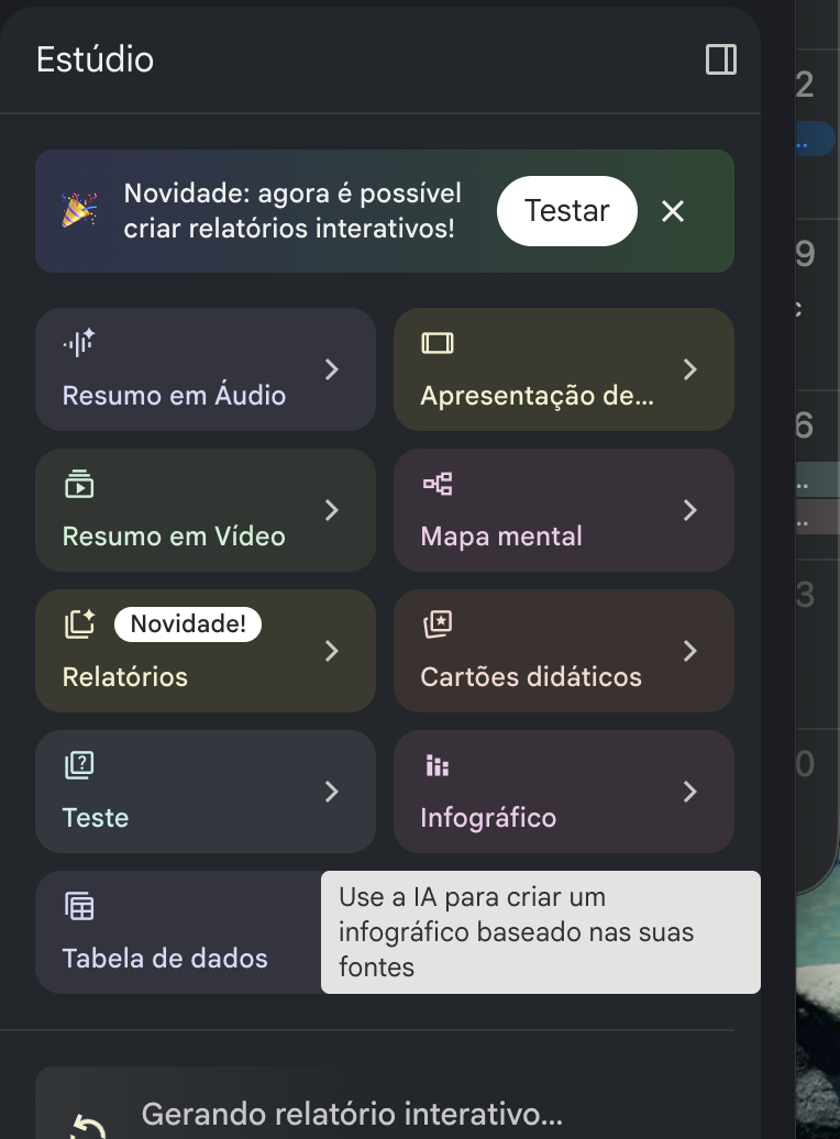 Print real do menu Estúdio do NotebookLM com resumo em áudio, apresentação, resumo em vídeo, mapa mental, relatórios, cartões didáticos, teste, infográfico e tabela de dados