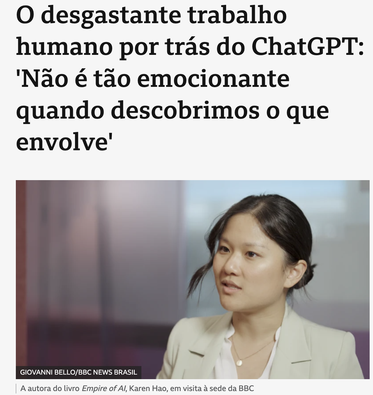 Print real de reportagem da BBC News Brasil sobre o trabalho humano por trás do ChatGPT