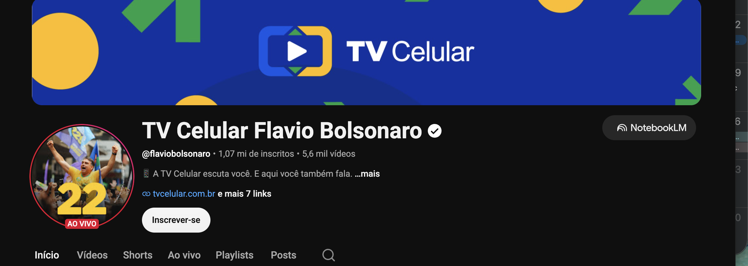 Print real do canal TV Celular Flavio Bolsonaro com botão NotebookLM