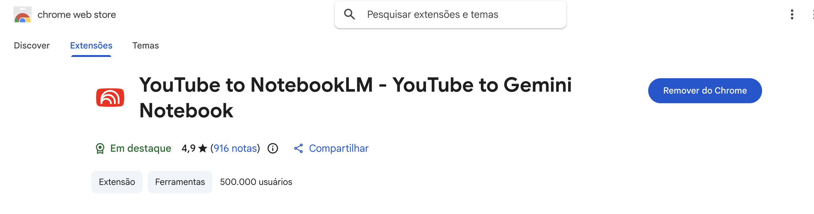 Print real da extensão YouTube to NotebookLM na Chrome Web Store