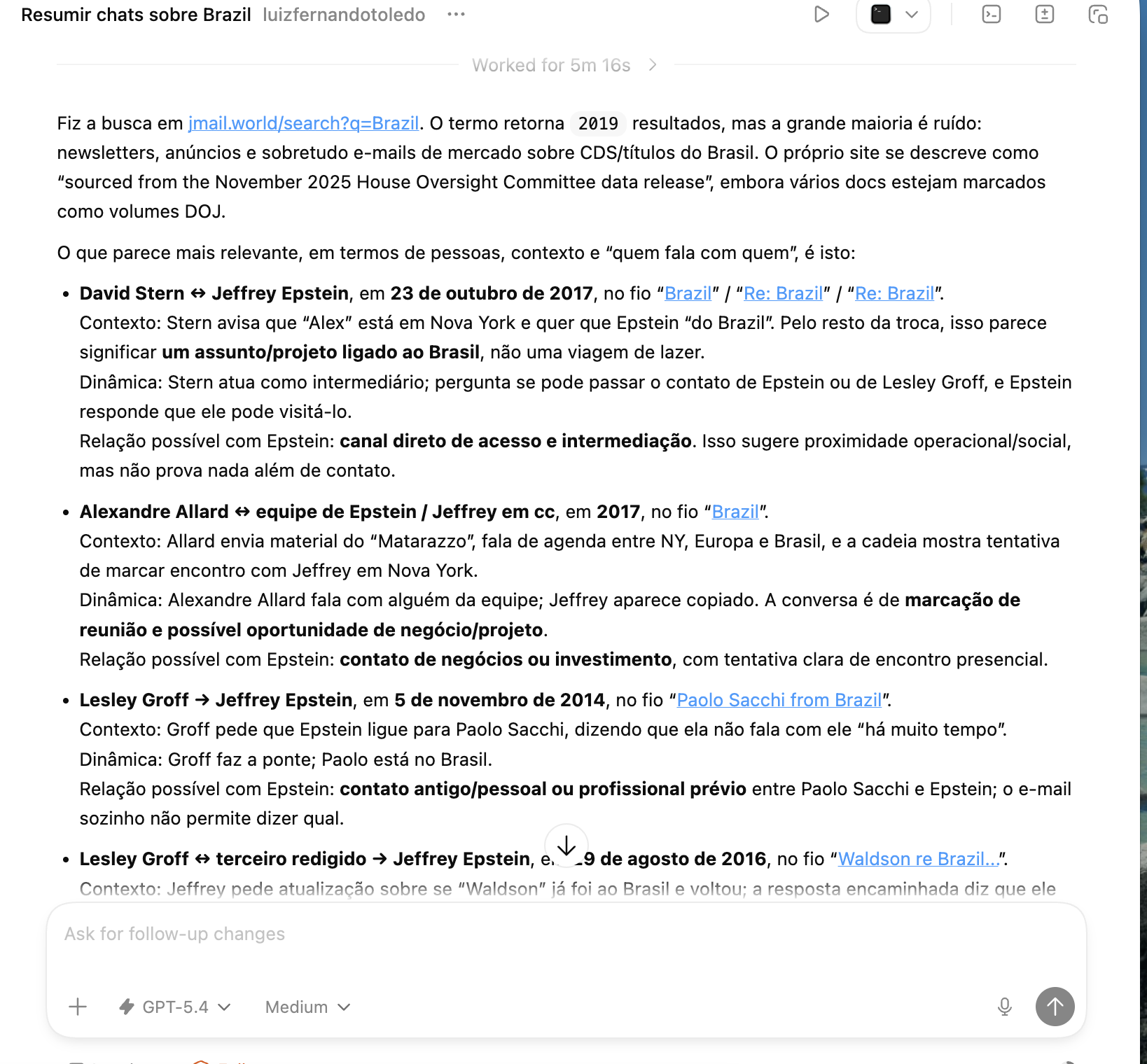 Resultado da busca do Codex nos arquivos Epstein